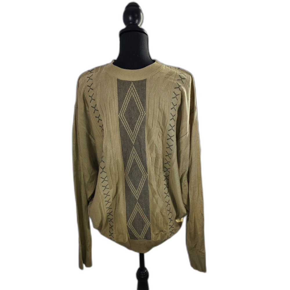 Trust Men’s 2XL Tan Geometric Knit Sweater Textured Crewneck Pullover